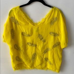 Greylin Feather Print Yellow V-Neck Top
